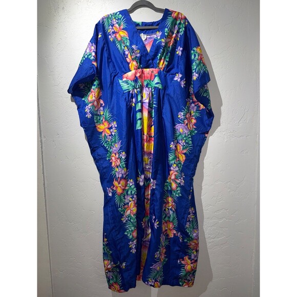 VTG Royal Creation Hawaii Blue Floral kaftan Kimono House Dress MuMu Hibiscus OS - Picture 1 of 9